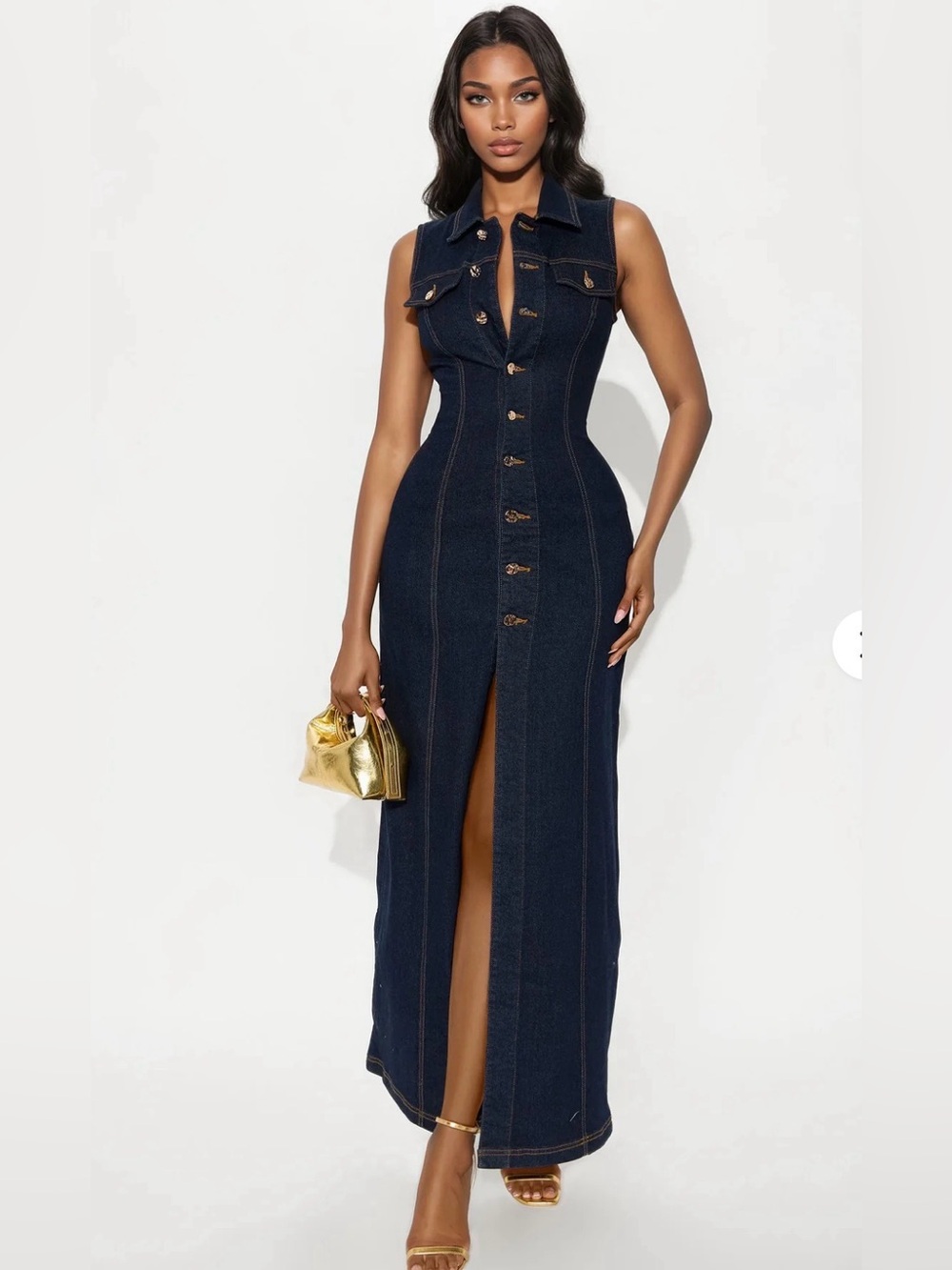 Fashion Nova NWOT Dark Indigo Denim Maxi Dress with Front Slit